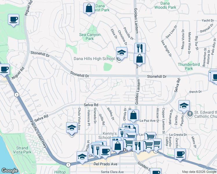map of restaurants, bars, coffee shops, grocery stores, and more near 24541 Alta Vista Drive in Dana Point