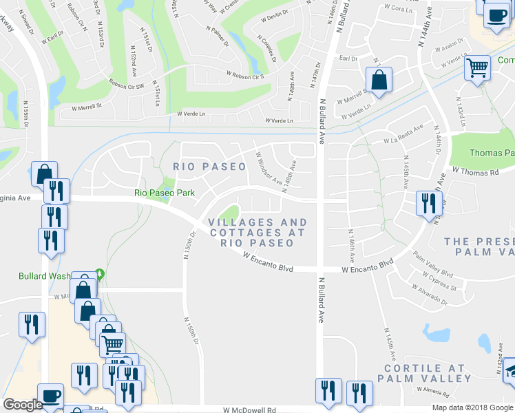 map of restaurants, bars, coffee shops, grocery stores, and more near 2517 North 149th Avenue in Goodyear