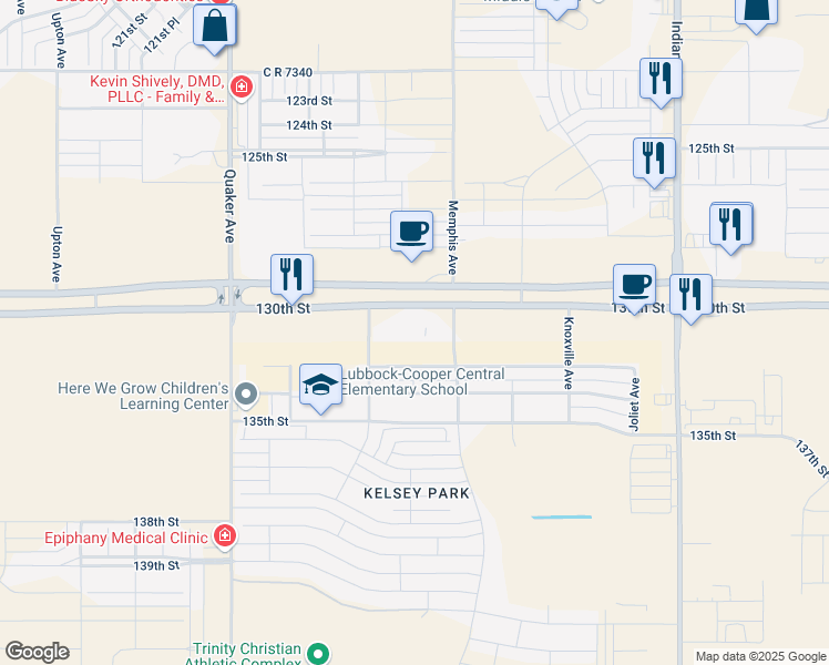 map of restaurants, bars, coffee shops, grocery stores, and more near 3815 130th Street in Lubbock