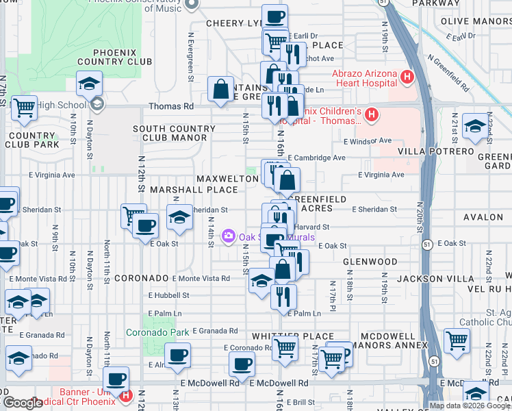 map of restaurants, bars, coffee shops, grocery stores, and more near 2520 North 16th Street in Phoenix