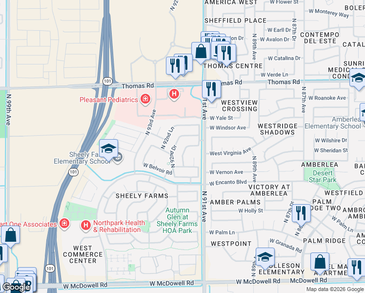 map of restaurants, bars, coffee shops, grocery stores, and more near 9133 Virginia Avenue in Phoenix