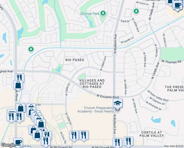 map of restaurants, bars, coffee shops, grocery stores, and more near 2540 North 148th Drive in Goodyear
