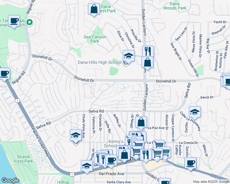 map of restaurants, bars, coffee shops, grocery stores, and more near 24541 Alta Vista Drive in Dana Point