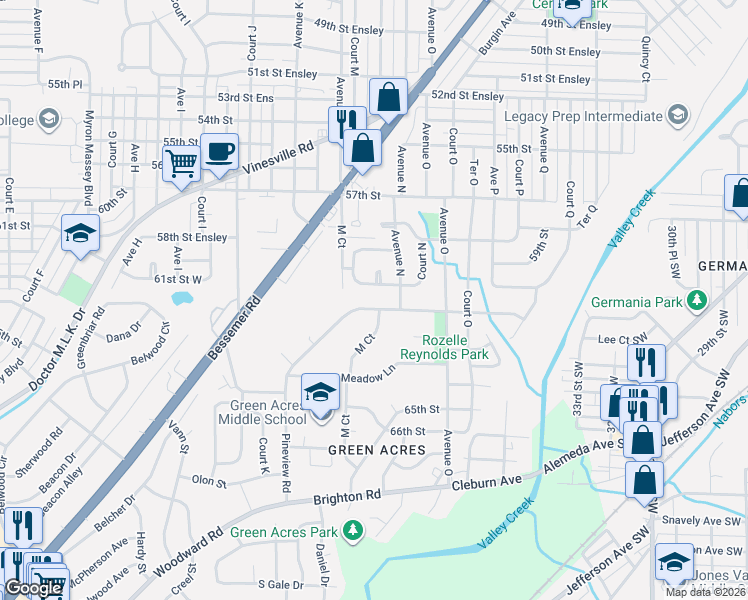 map of restaurants, bars, coffee shops, grocery stores, and more near 1317 60th Street West in Birmingham