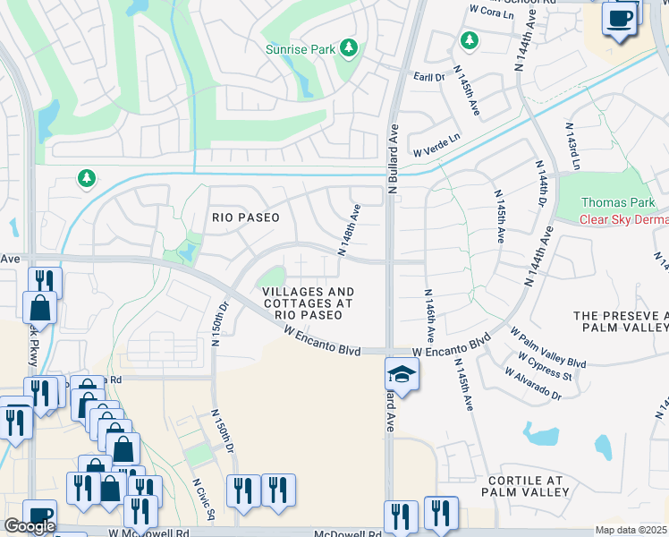 map of restaurants, bars, coffee shops, grocery stores, and more near 2540 North 148th Drive in Goodyear
