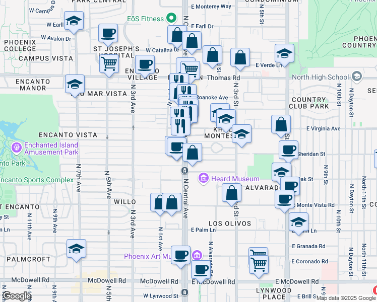map of restaurants, bars, coffee shops, grocery stores, and more near 2401 North Central Avenue in Phoenix