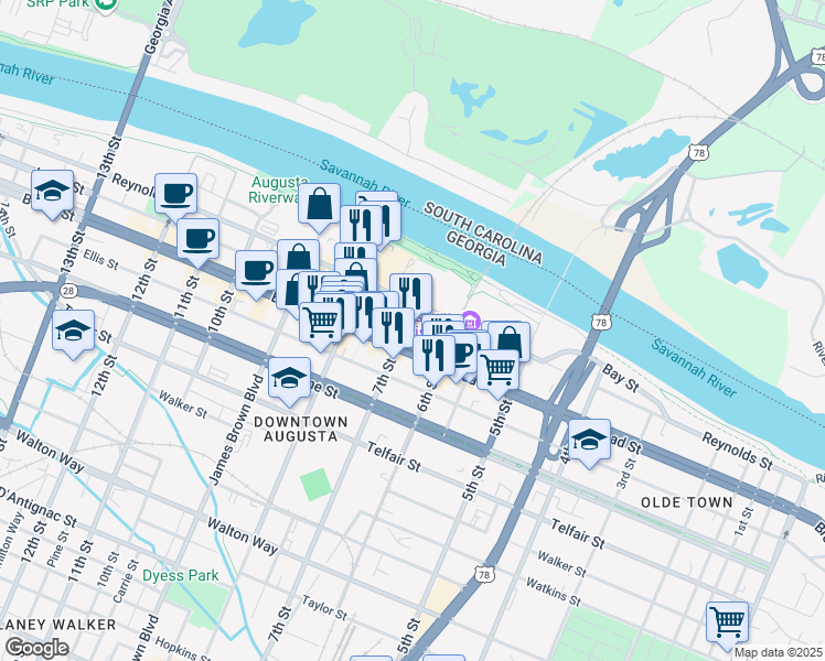 map of restaurants, bars, coffee shops, grocery stores, and more near 127 7th Street in Augusta