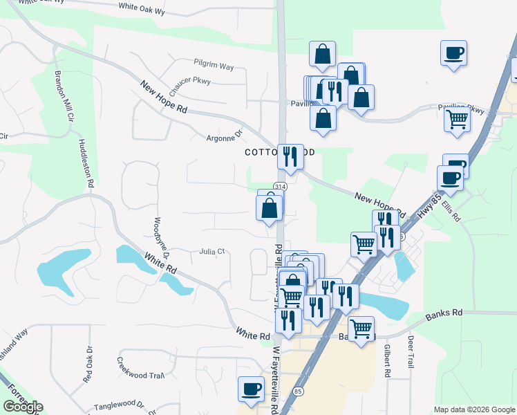 map of restaurants, bars, coffee shops, grocery stores, and more near 120 Sycamore Bend in Fayetteville