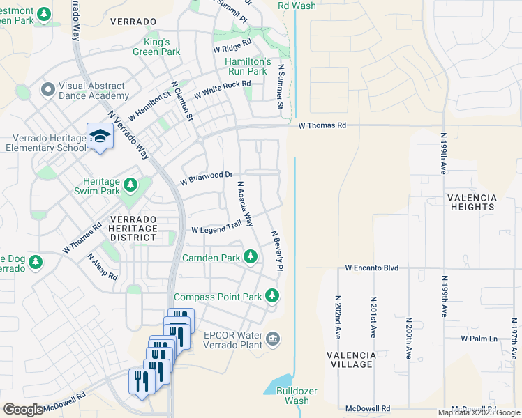 map of restaurants, bars, coffee shops, grocery stores, and more near 2553 North Beverly Place in Buckeye