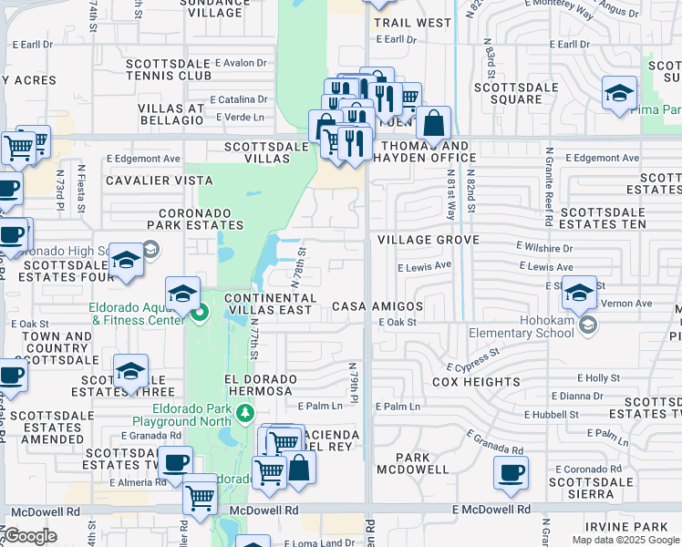 map of restaurants, bars, coffee shops, grocery stores, and more near 2500 North Hayden Road in Scottsdale