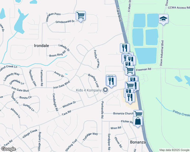 map of restaurants, bars, coffee shops, grocery stores, and more near 10278 Briarbay Loop in Jonesboro