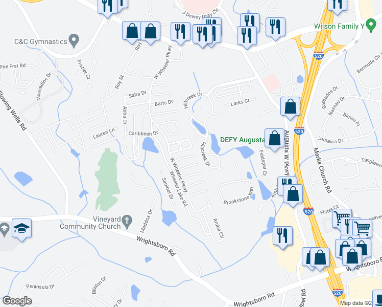 map of restaurants, bars, coffee shops, grocery stores, and more near 7023 Antilles Drive in Augusta