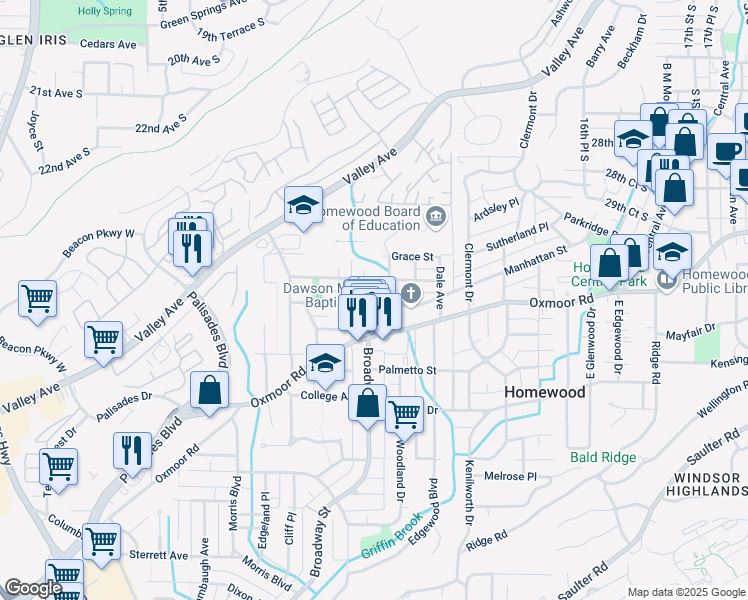 map of restaurants, bars, coffee shops, grocery stores, and more near 1011 Irving Road in Birmingham