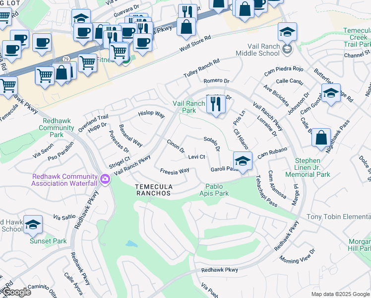 map of restaurants, bars, coffee shops, grocery stores, and more near 32904 Cinon Drive in Temecula
