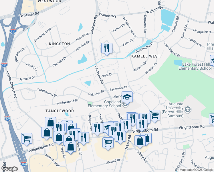 map of restaurants, bars, coffee shops, grocery stores, and more near 3225 Briarcliff Drive in Augusta