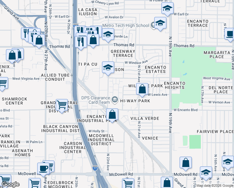 map of restaurants, bars, coffee shops, grocery stores, and more near 2513 North 22nd Drive in Phoenix