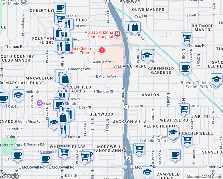 map of restaurants, bars, coffee shops, grocery stores, and more near 1901 East Yale Street in Phoenix