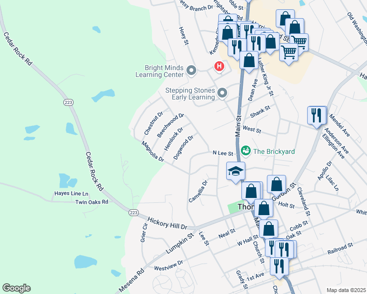 map of restaurants, bars, coffee shops, grocery stores, and more near 631 Dogwood Drive in Thomson