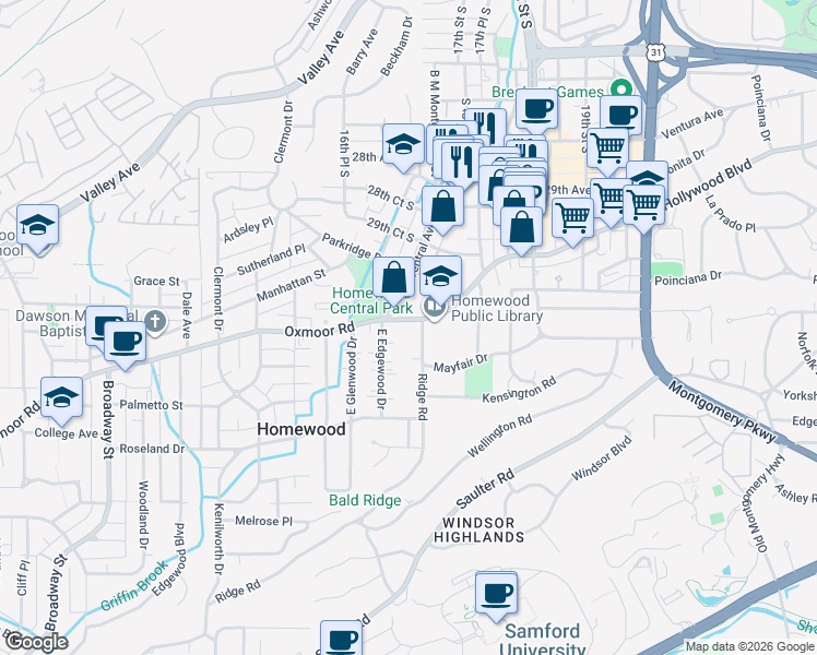 map of restaurants, bars, coffee shops, grocery stores, and more near 2 Xavier Circle in Birmingham
