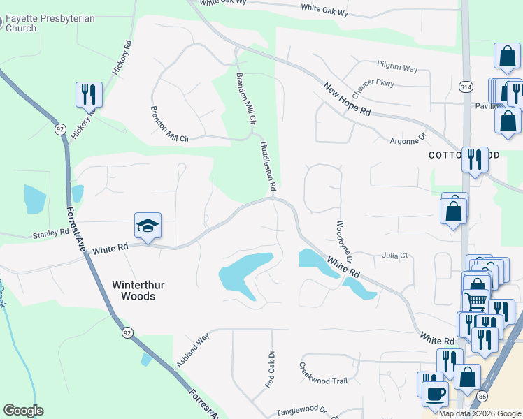 map of restaurants, bars, coffee shops, grocery stores, and more near 235 White Road in Fayetteville