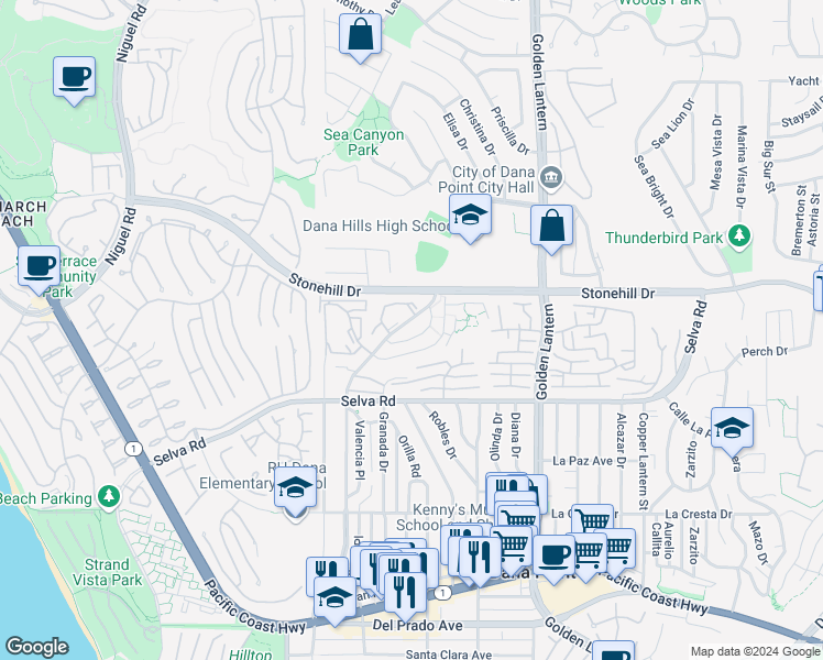 map of restaurants, bars, coffee shops, grocery stores, and more near 33572 Street of the Blue Lantern in Dana Point