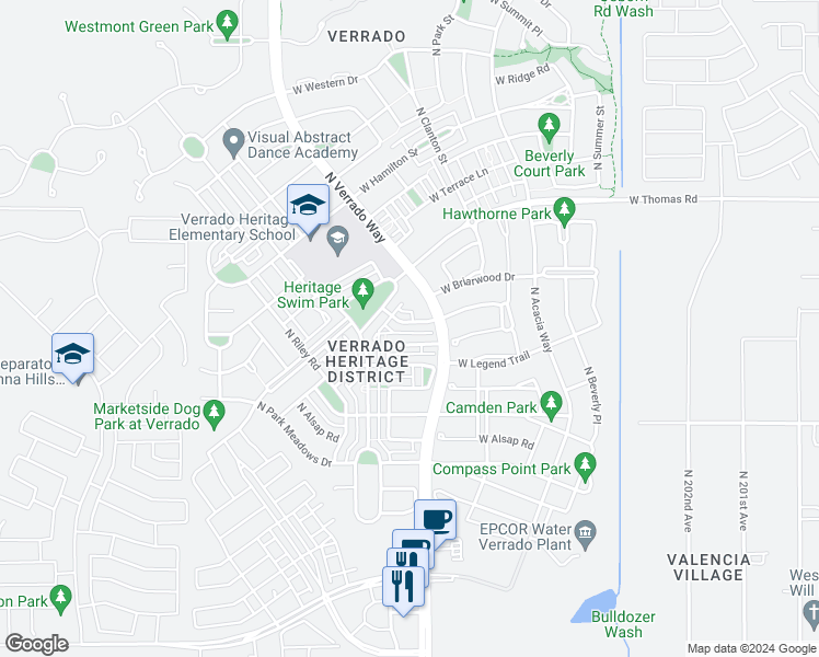 map of restaurants, bars, coffee shops, grocery stores, and more near 20719 West Point Ridge Road in Buckeye