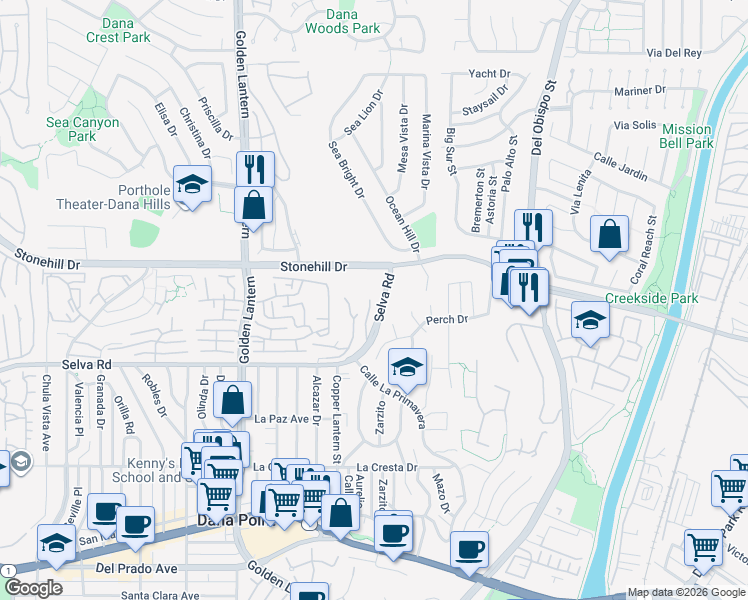 map of restaurants, bars, coffee shops, grocery stores, and more near 33632 Diamond Ridge Court in Dana Point