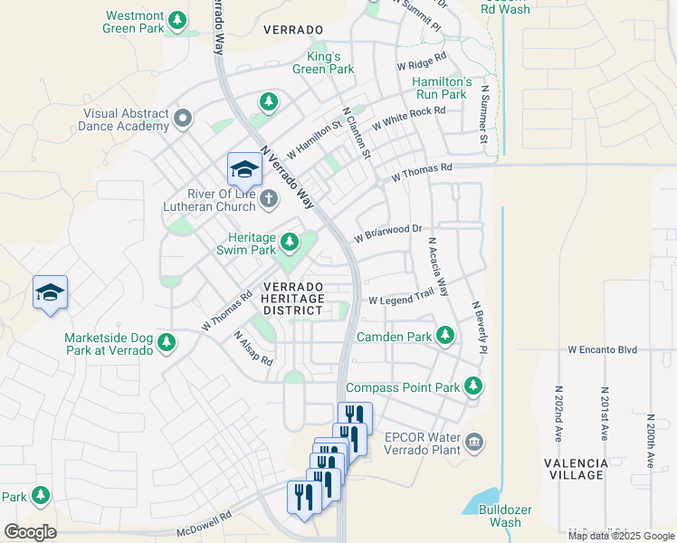 map of restaurants, bars, coffee shops, grocery stores, and more near 20699 West Point Ridge Road in Buckeye