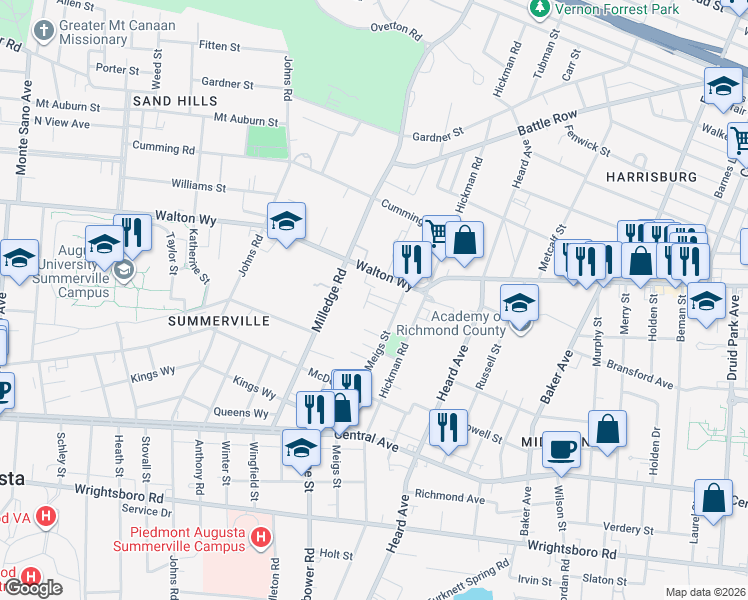 map of restaurants, bars, coffee shops, grocery stores, and more near 2124 Walton Way in Augusta