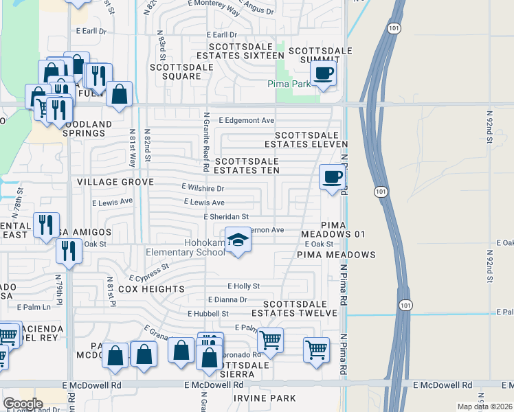 map of restaurants, bars, coffee shops, grocery stores, and more near 2506 North 85th Place in Scottsdale
