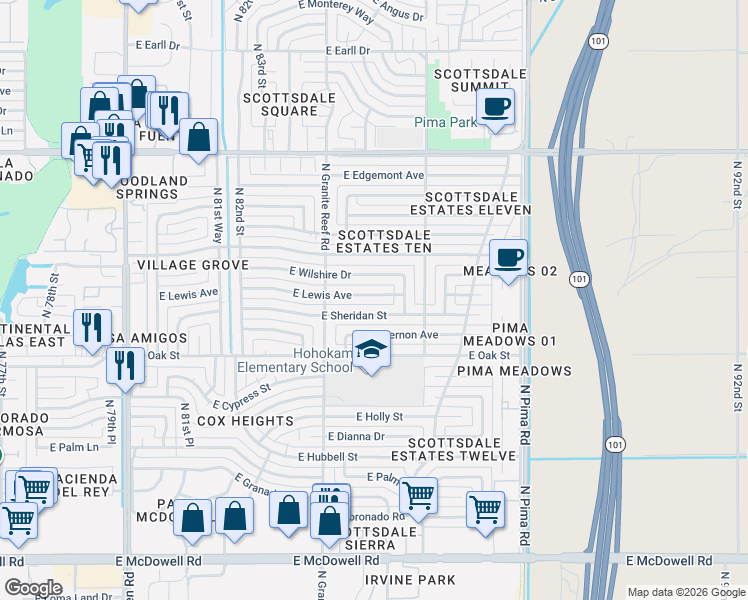 map of restaurants, bars, coffee shops, grocery stores, and more near 8444 East Lewis Avenue in Scottsdale
