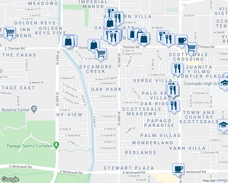 map of restaurants, bars, coffee shops, grocery stores, and more near 6726 East Lewis Avenue in Scottsdale