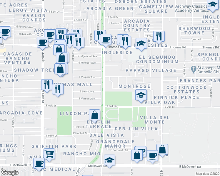 map of restaurants, bars, coffee shops, grocery stores, and more near 2523 North 48th Place in Phoenix