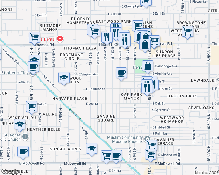 map of restaurants, bars, coffee shops, grocery stores, and more near 2516 North 29th Place in Phoenix