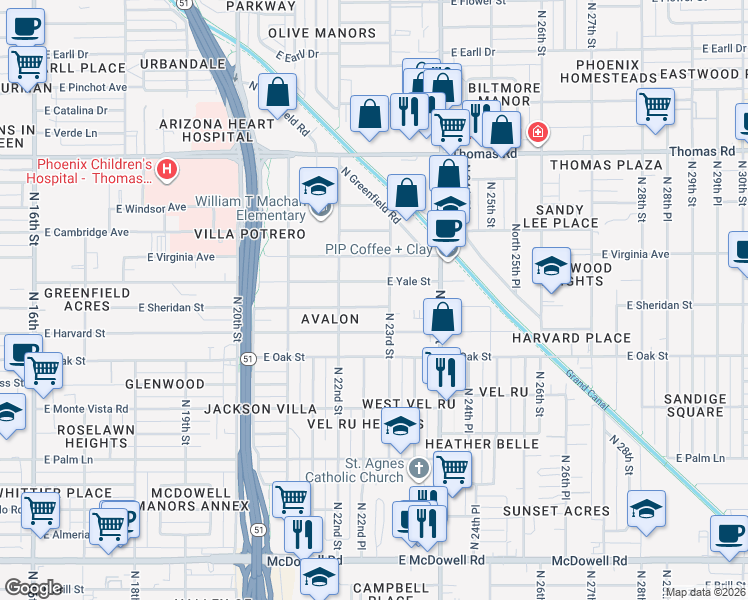 map of restaurants, bars, coffee shops, grocery stores, and more near 2221 East Yale Street in Phoenix