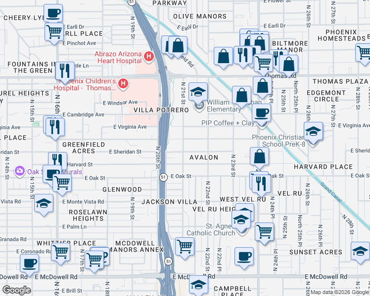 map of restaurants, bars, coffee shops, grocery stores, and more near 2105 East Yale Street in Phoenix