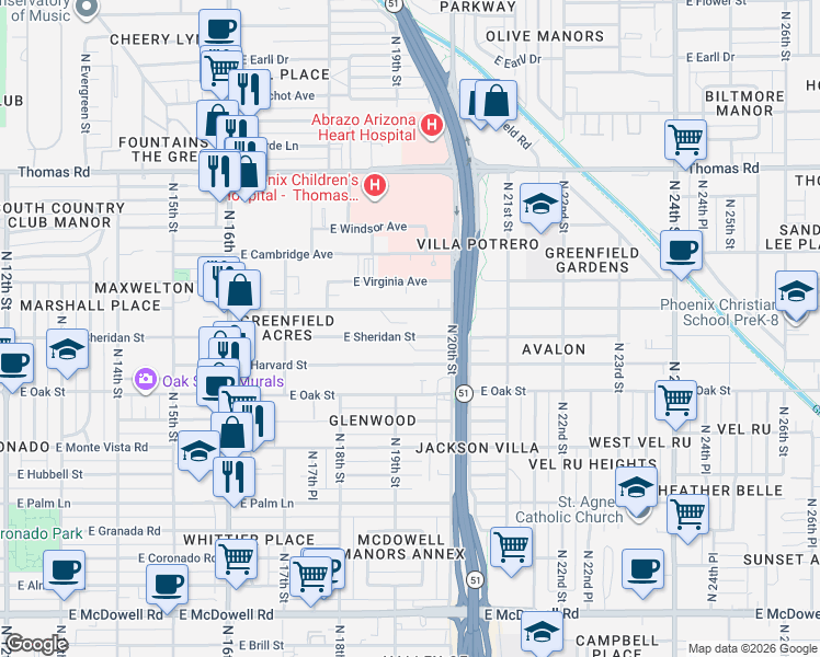 map of restaurants, bars, coffee shops, grocery stores, and more near 1901 East Yale Street in Phoenix