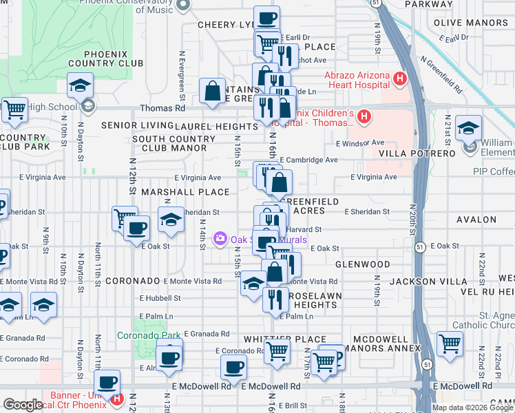 map of restaurants, bars, coffee shops, grocery stores, and more near 2520 North 16th Street in Phoenix