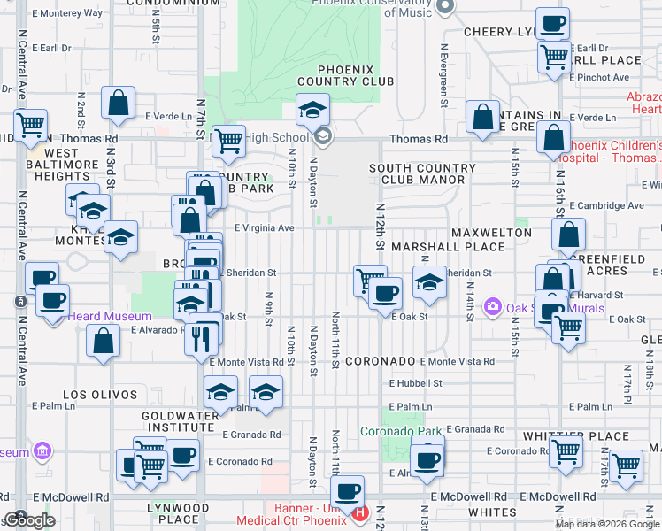map of restaurants, bars, coffee shops, grocery stores, and more near 2522 North 11th Street in Phoenix