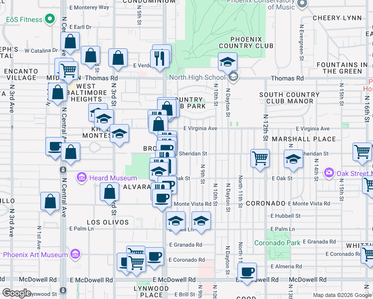 map of restaurants, bars, coffee shops, grocery stores, and more near 2517 North 8th Street in Phoenix