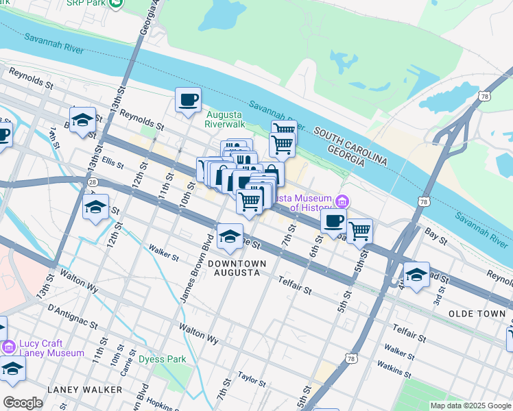 map of restaurants, bars, coffee shops, grocery stores, and more near 826 Broad Street in Augusta