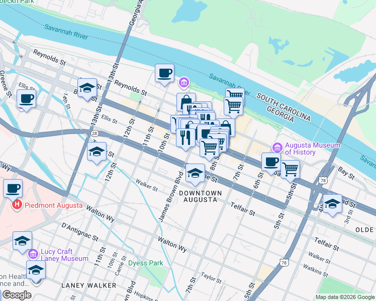 map of restaurants, bars, coffee shops, grocery stores, and more near 870 Broad Street in Augusta