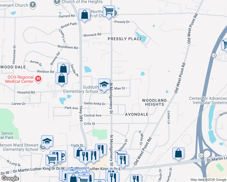 map of restaurants, bars, coffee shops, grocery stores, and more near 705 North Montgomery Street in Starkville