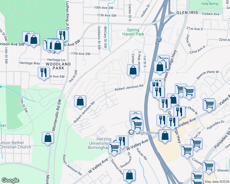 map of restaurants, bars, coffee shops, grocery stores, and more near 407 Skyview Drive in Birmingham