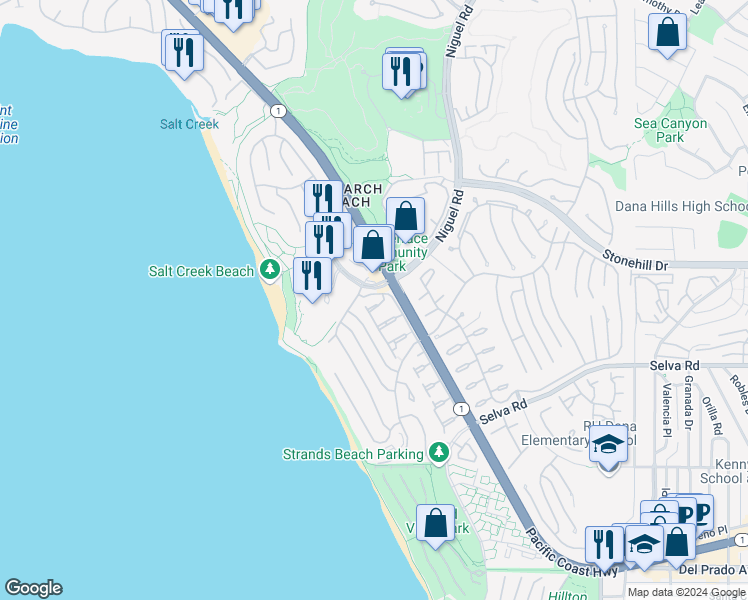 map of restaurants, bars, coffee shops, grocery stores, and more near 23611 Verrazanno Bay in Dana Point