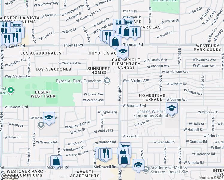 map of restaurants, bars, coffee shops, grocery stores, and more near 1008 North 60th Avenue in Phoenix