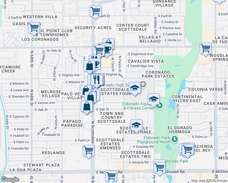 map of restaurants, bars, coffee shops, grocery stores, and more near 7329 East Lewis Avenue in Scottsdale