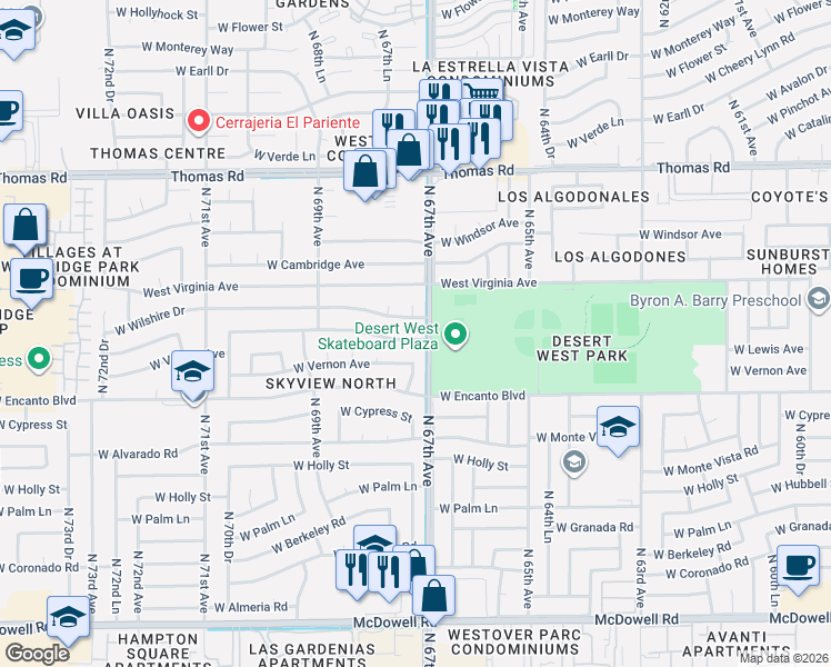 map of restaurants, bars, coffee shops, grocery stores, and more near 6729 West Wilshire Drive in Phoenix