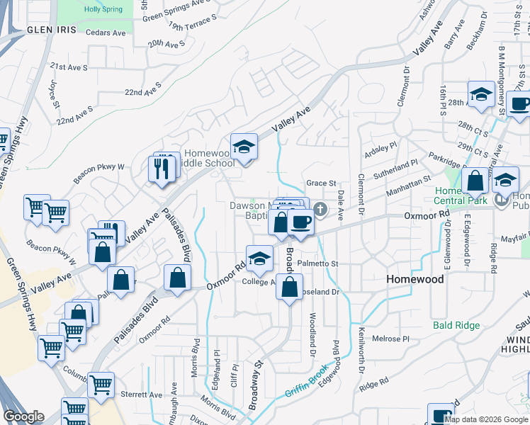 map of restaurants, bars, coffee shops, grocery stores, and more near 308 Saint Charles Street in Homewood