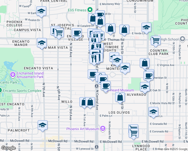 map of restaurants, bars, coffee shops, grocery stores, and more near 17 West Wilshire Drive in Phoenix